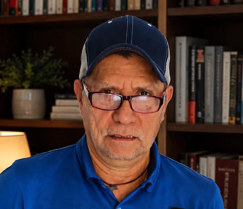 Retrato del autor Carlos Pérez en su biblioteca